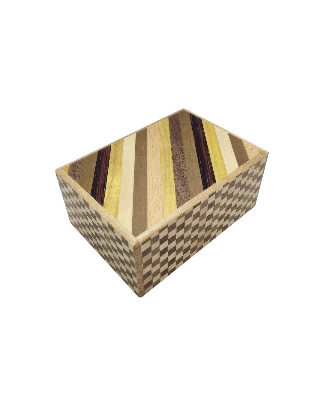Rectangular woven basket with striped pattern on a white background