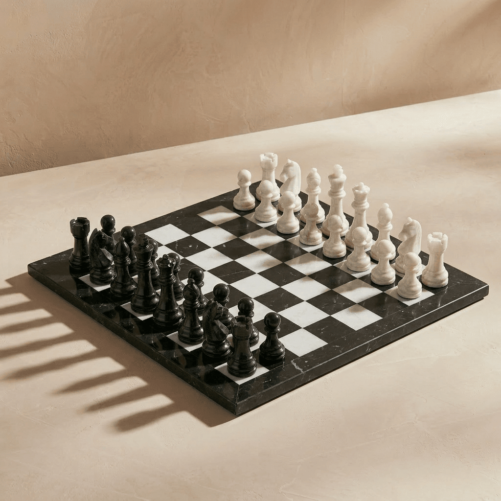 Black and white chess set on a beige surface