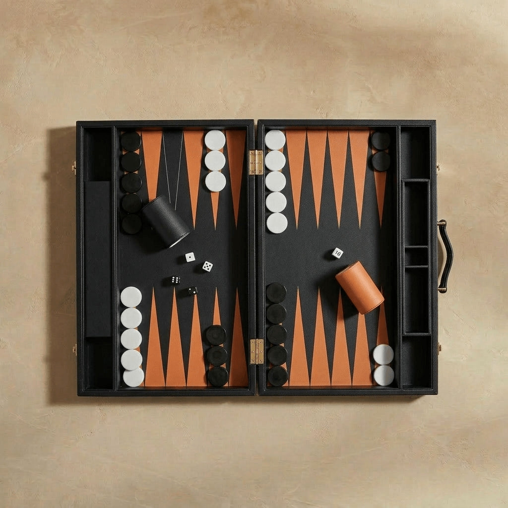 Backgammon set with pieces and dice on a beige background