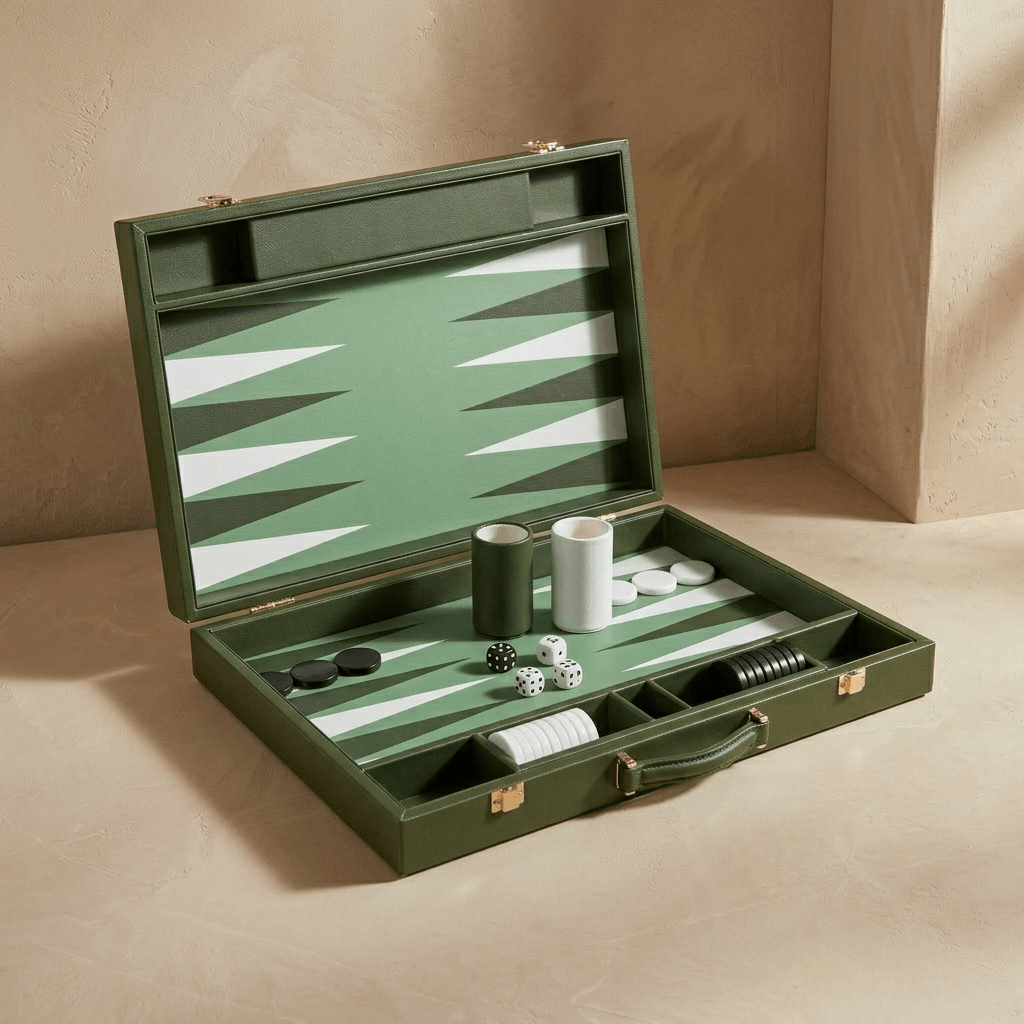 Green backgammon set with pieces and dice on a beige surface