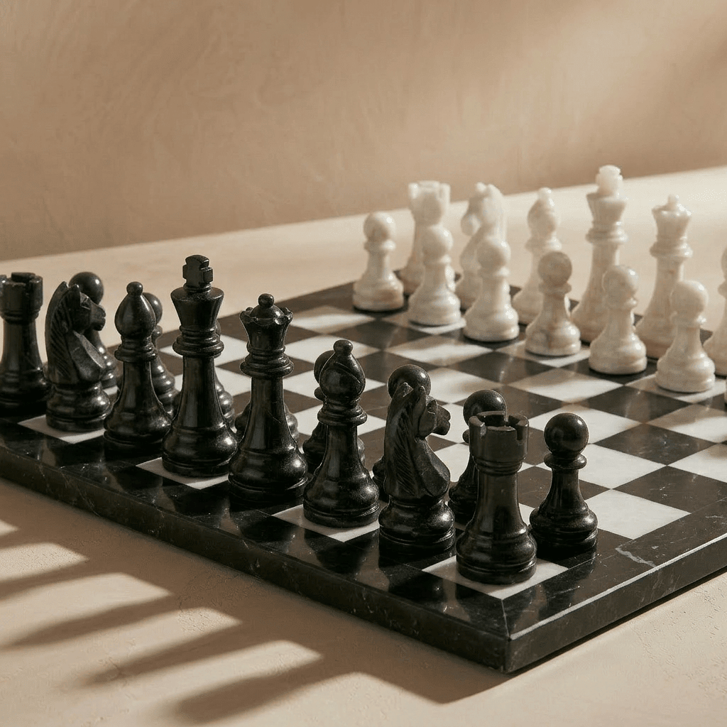 Chessboard with black and white chess pieces on a beige surface
