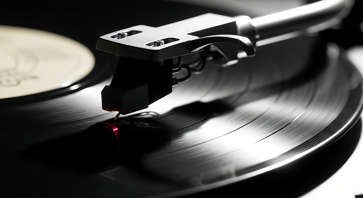 Close up of a record on a turntable.