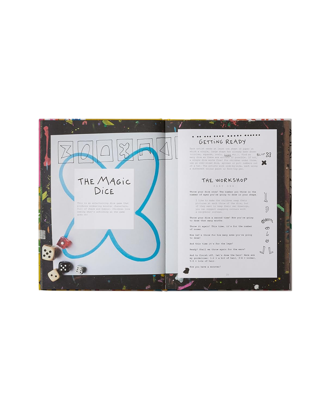 Open book with pages titled 'The Magic Dice' and 'Getting Ready' on a white background