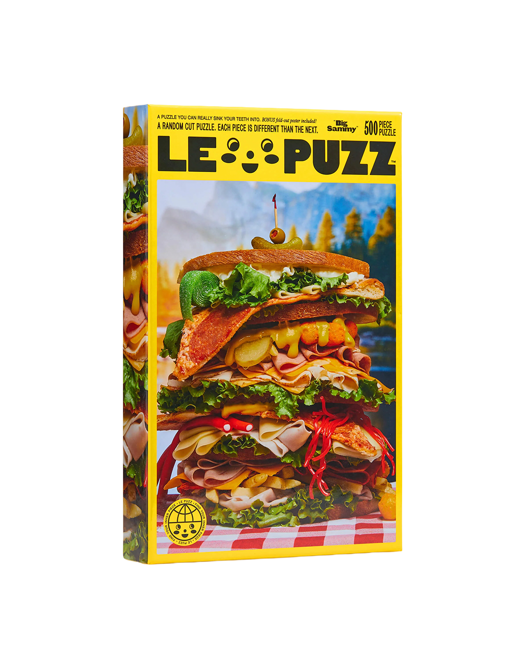 LEO PUZZ puzzle box with a large sandwich graphic on a yellow background