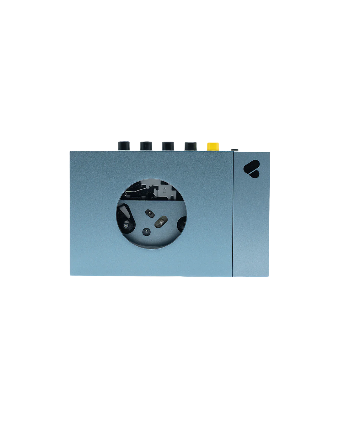 Blue electronic device with circular component on a white background