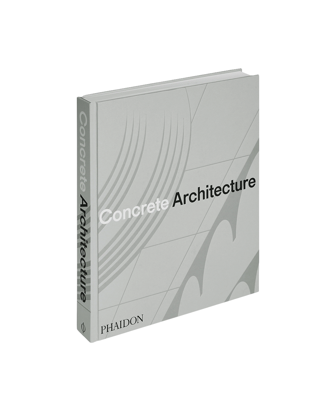 The book 'Concrete Architecture' by Phaidon, shown at a three-quarter angle on a plain white background. The cover and spine are a uniform light gray with black and white typography and subtle architectural line graphics.