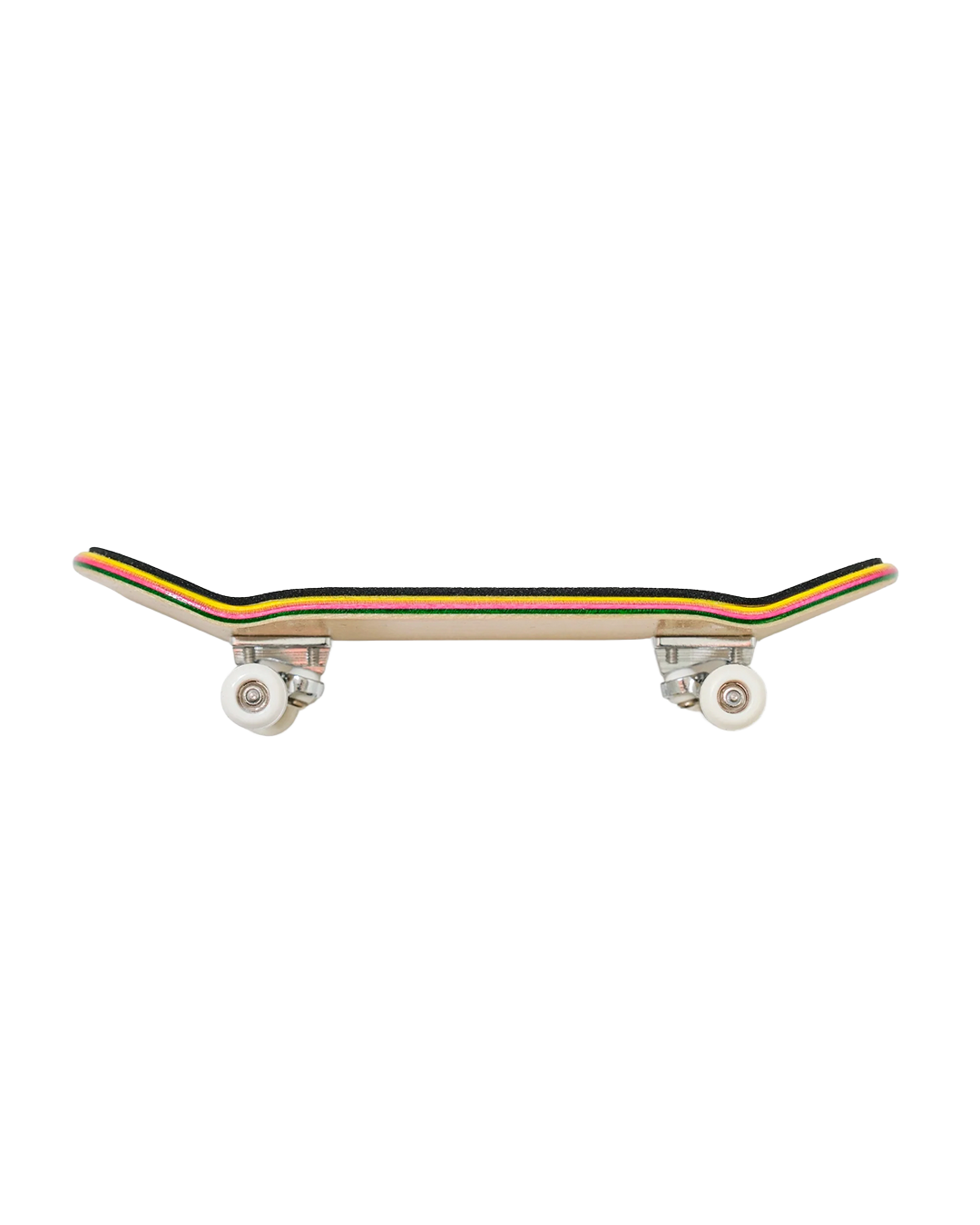 A skateboard viewed from underneath, showing a light natural wood deck with green, yellow, and orange grip tape stripes, mounted on silver trucks with white wheels, isolated on a white background.