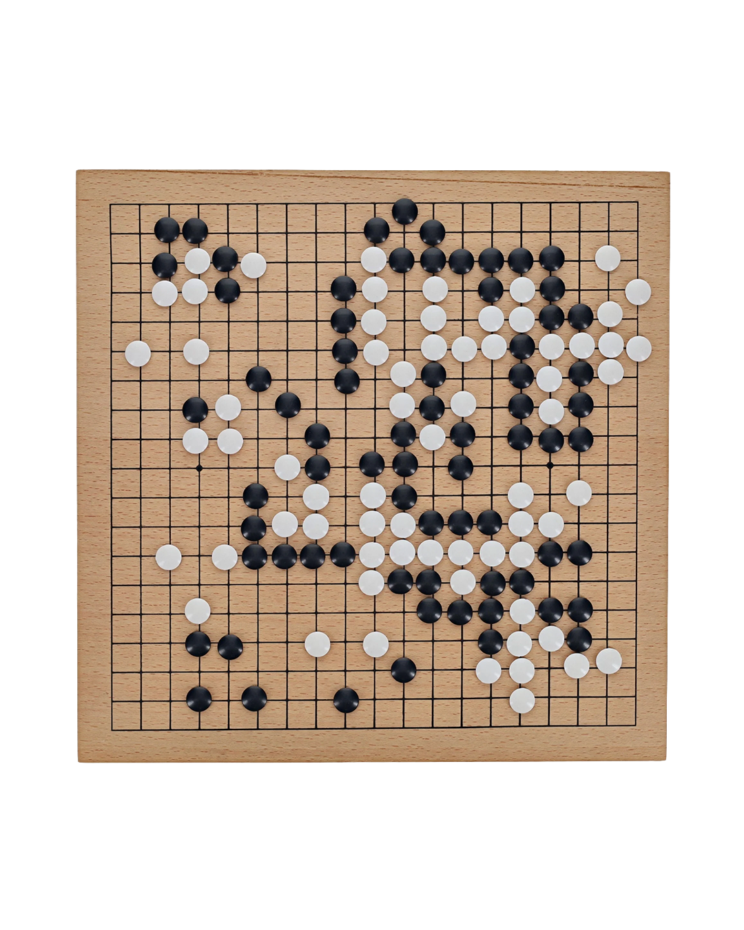 Go board with black and white stones on a wooden frame