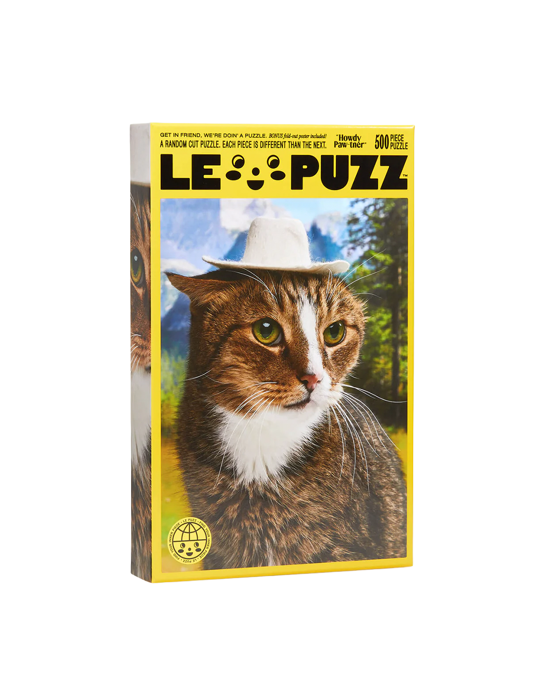 LE PUZZ puzzle box with a cat wearing a hat on a yellow background