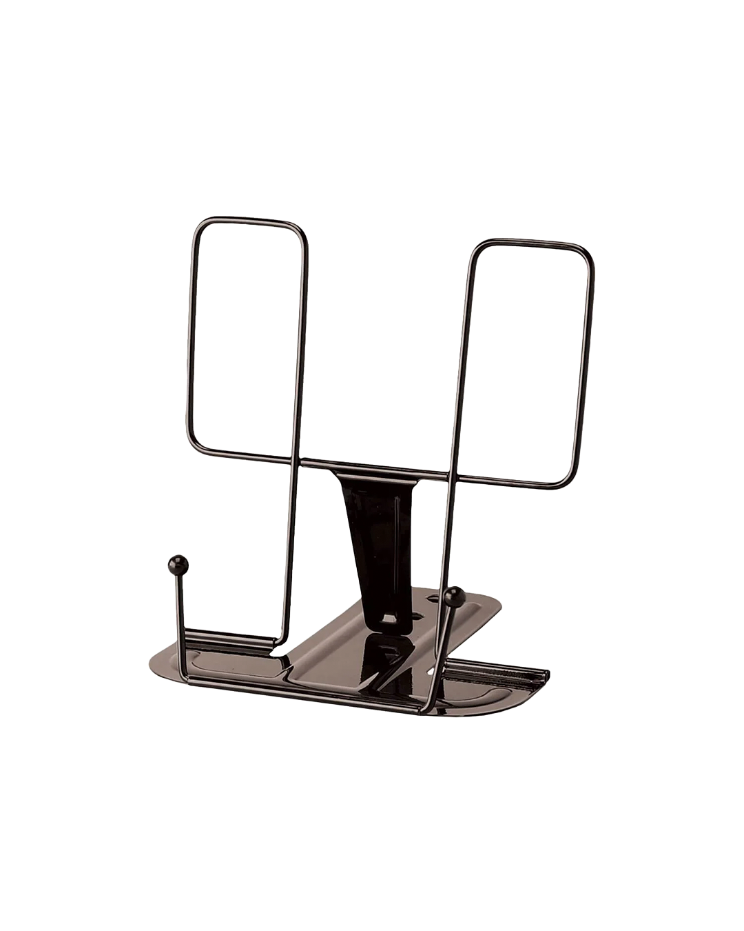 A dark metallic wire bike rack with two upright rectangular bars and a flat base, shown on a plain white background.