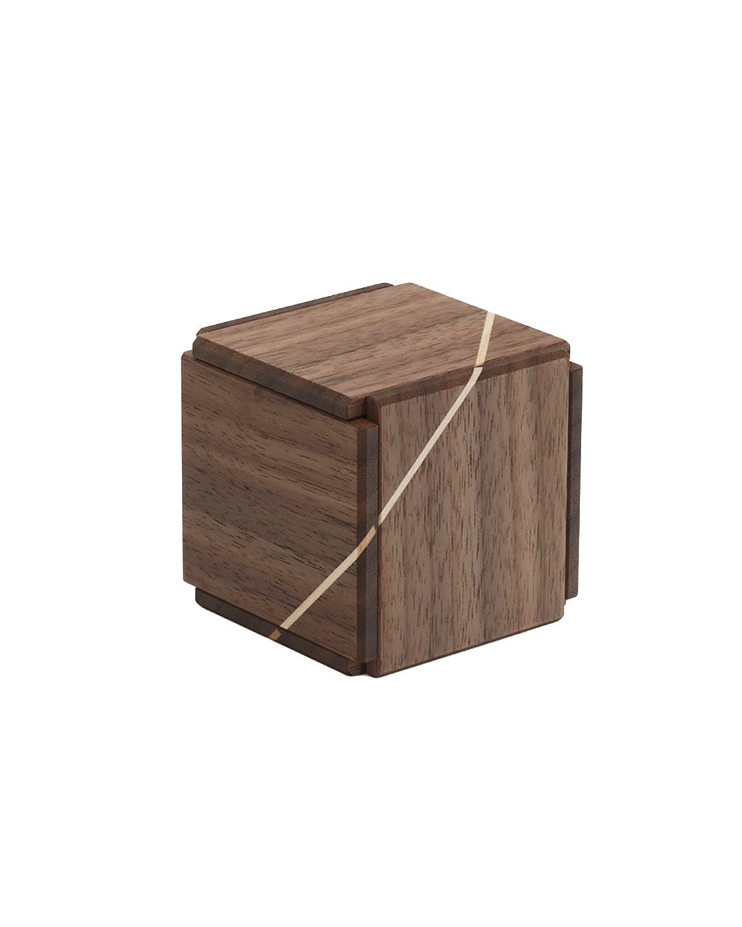 a cube-shapped wooden puzzle box with an irregular line that goes through its faces