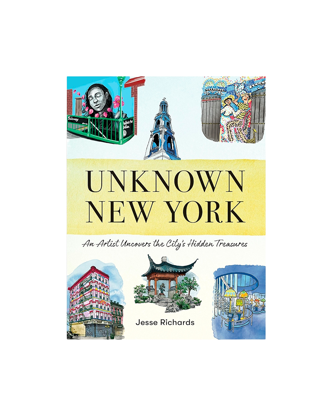 Book cover of 'Unknown New York' with illustrations of city scenes and text.
