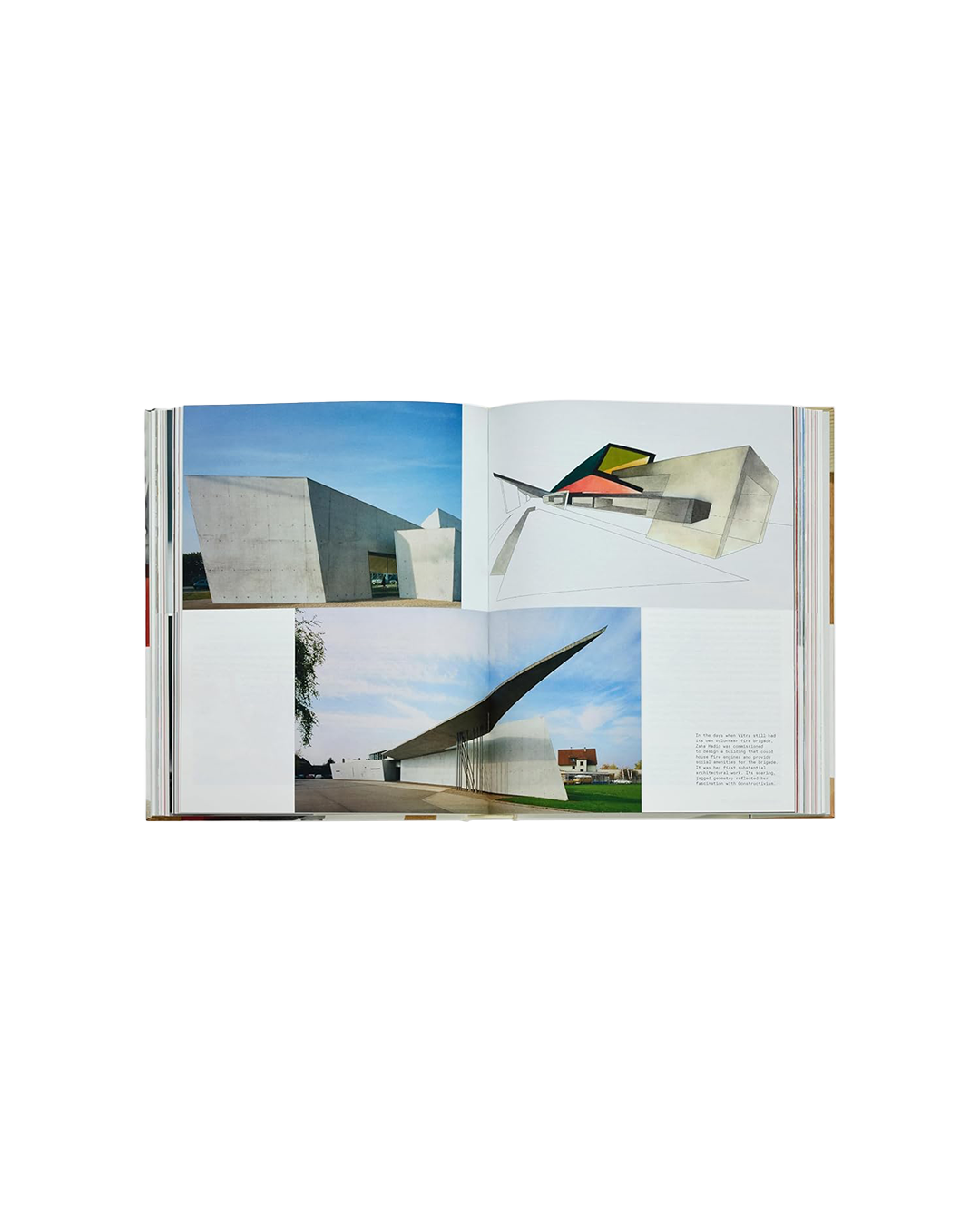 Open book showing images of modern architectural structures on a white background