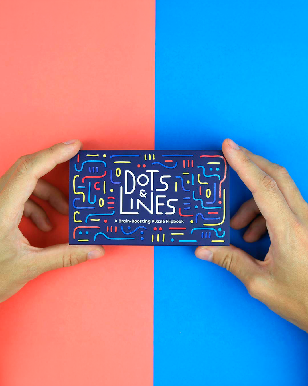 A person's hands holding a rectangular book titled 'DOTS & LINES' against a split background of red on the left and blue on the right.