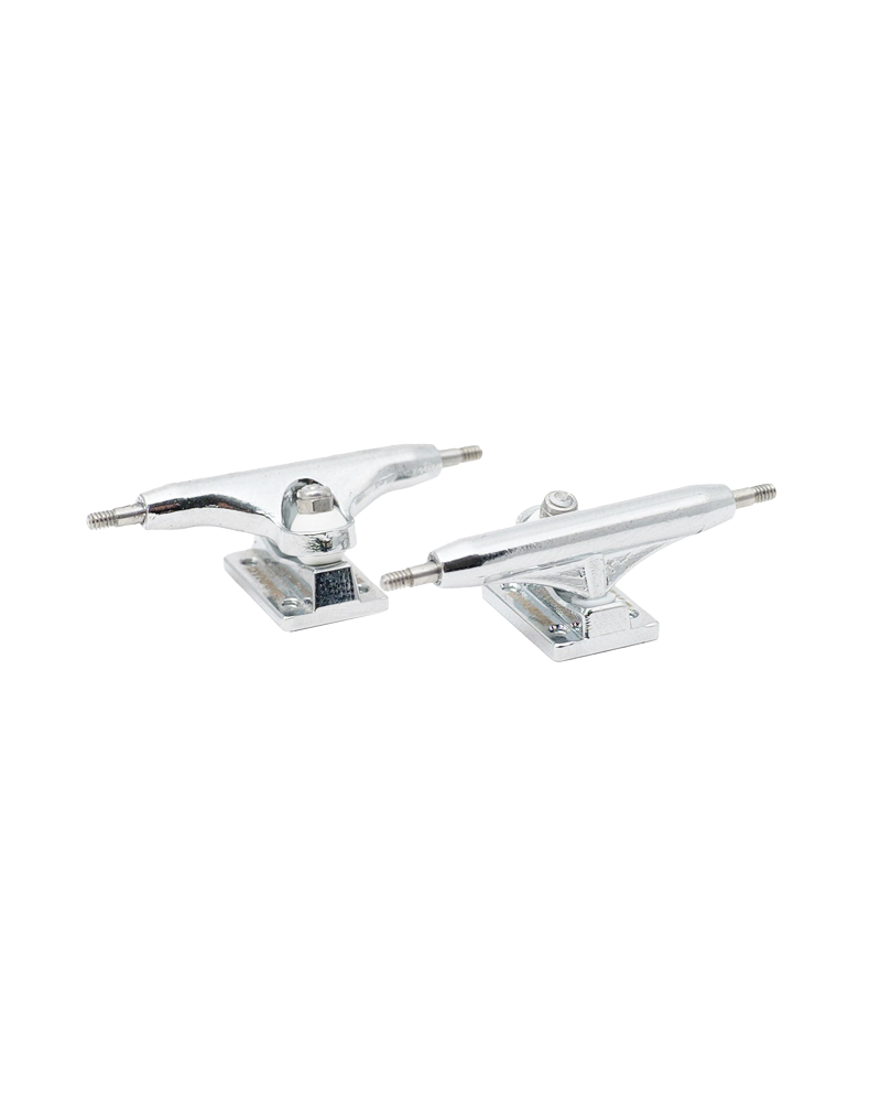 Chrome-plated skateboard trucks without wheels or a board with a transparent background.