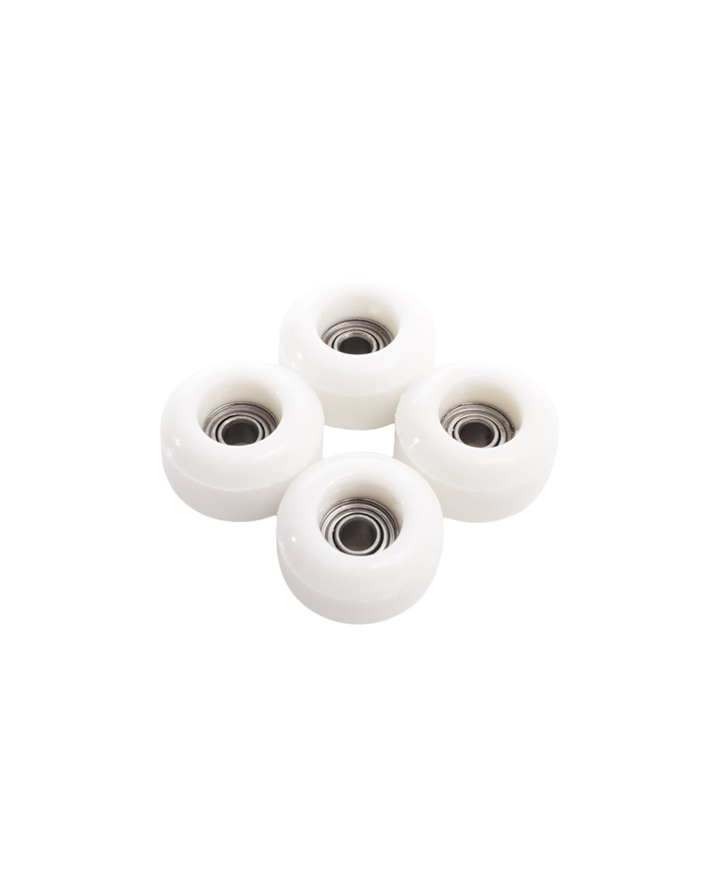 A set of four white skateboard wheels on a transparent background.