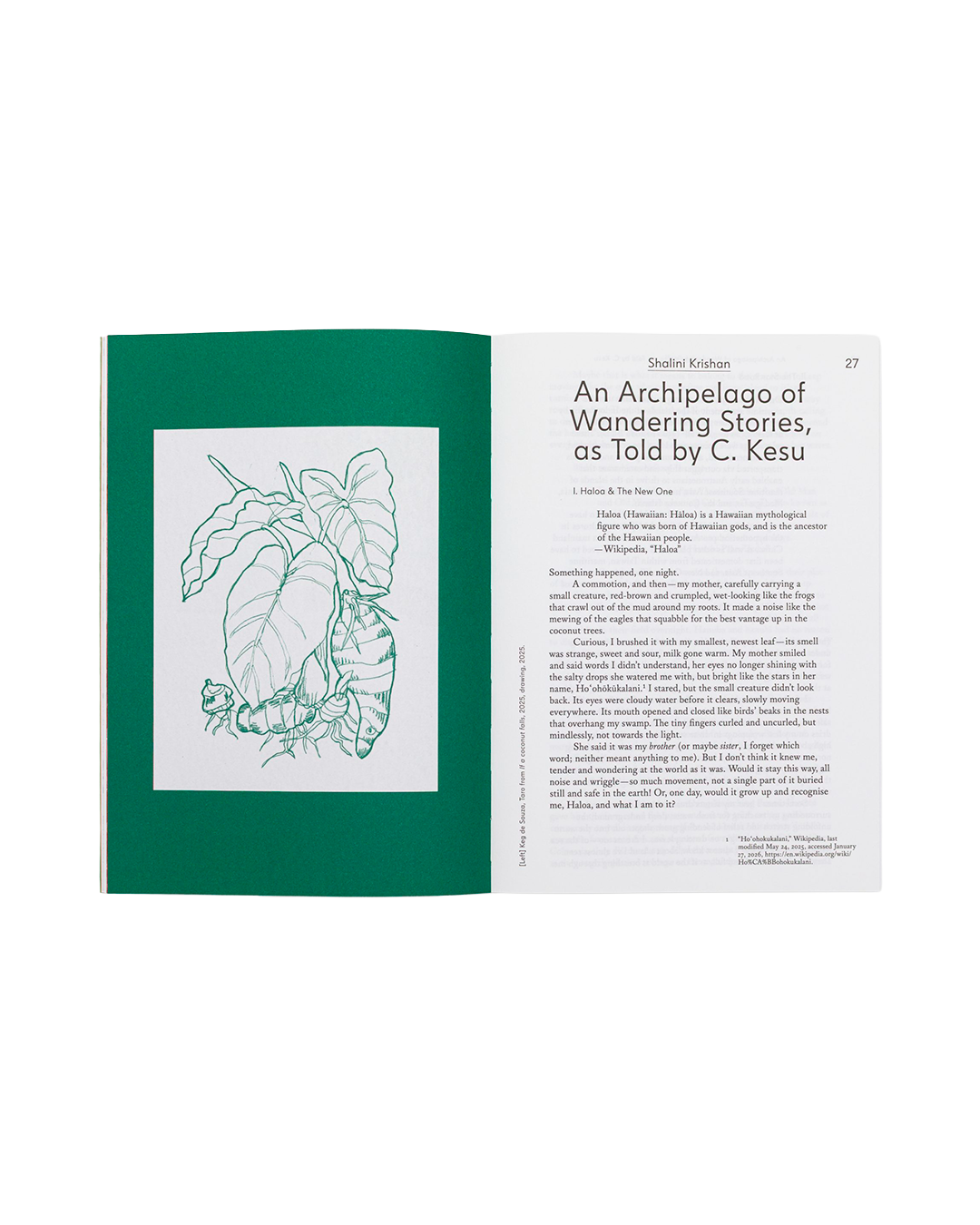 An open book spread showing a green cover with a white botanical illustration on one page and a white text page with black typography on the other, photographed on a light gray background.