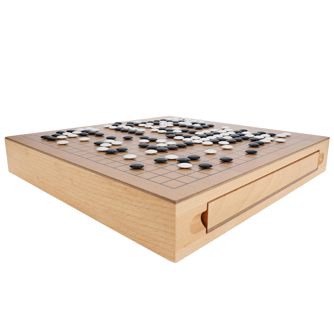 Go game set with wooden board and compartments for black and white stones on a light gray background