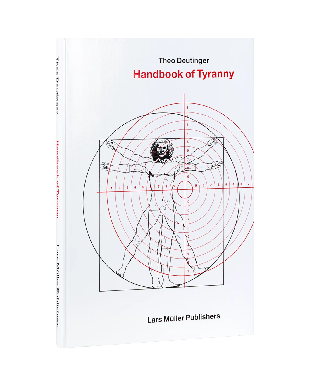 Book cover of 'Handbook of Tyranny' by Theo Deutinger with a diagram of a figure on a white background.