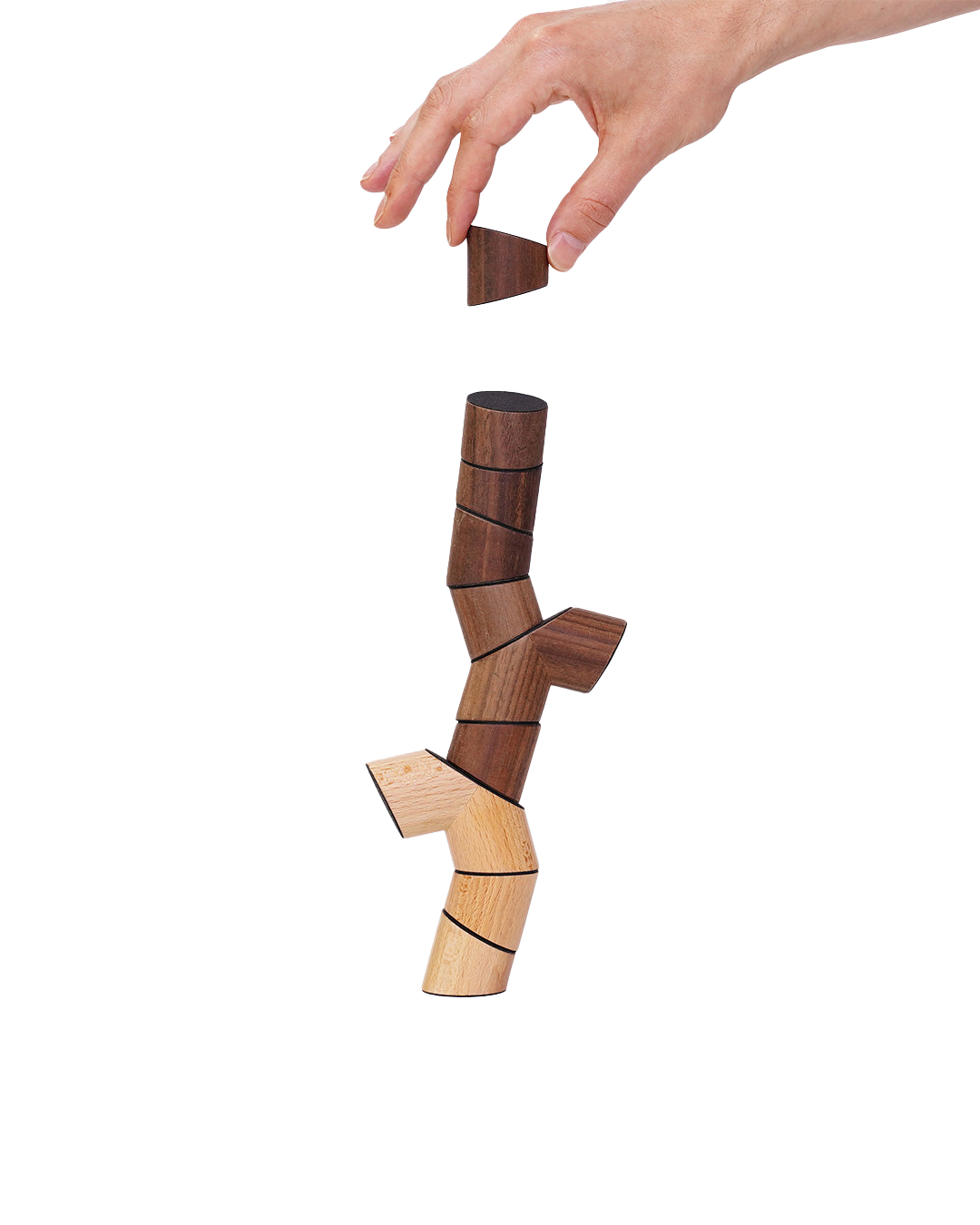 Wooden interlocking puzzle being assembled by a hand on a white background
