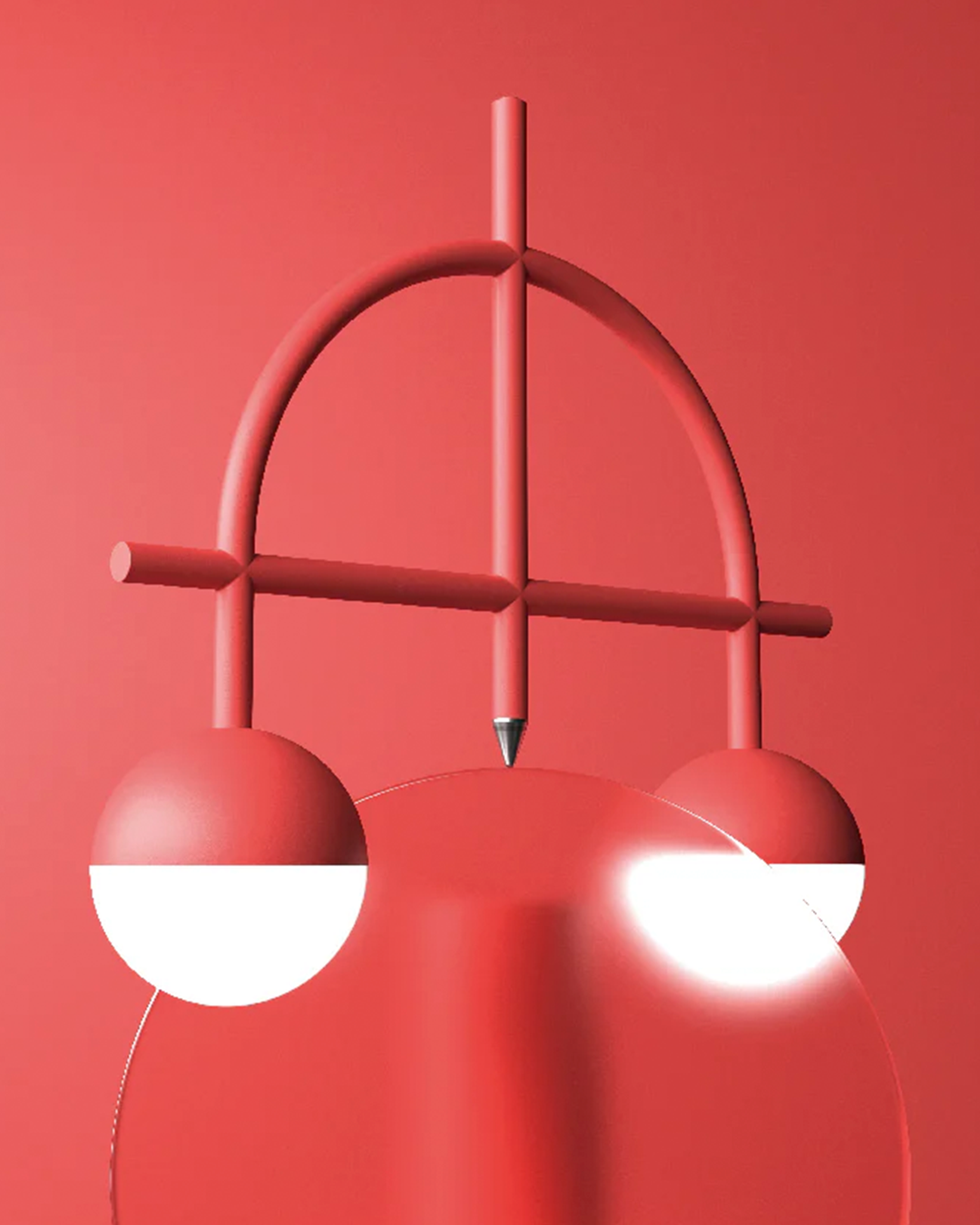 A minimalist red metal wall lamp with two spherical shades, one half red and one half white, suspended from a curved top frame on a solid red background.