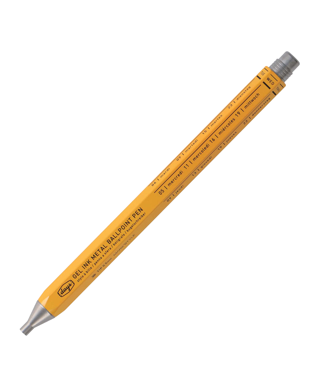 A yellow gel pen with a silver metal ballpoint tip and a gray cap, shown diagonally on a plain white background. The barrel features white printed text and a logo for 'days'.