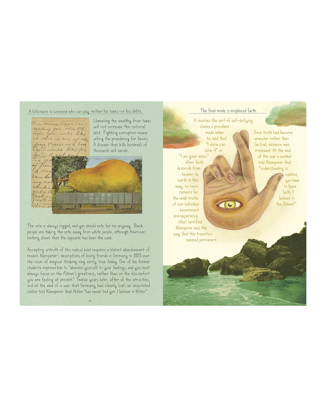 Illustrated book page with a hand holding an eye over a landscape.
