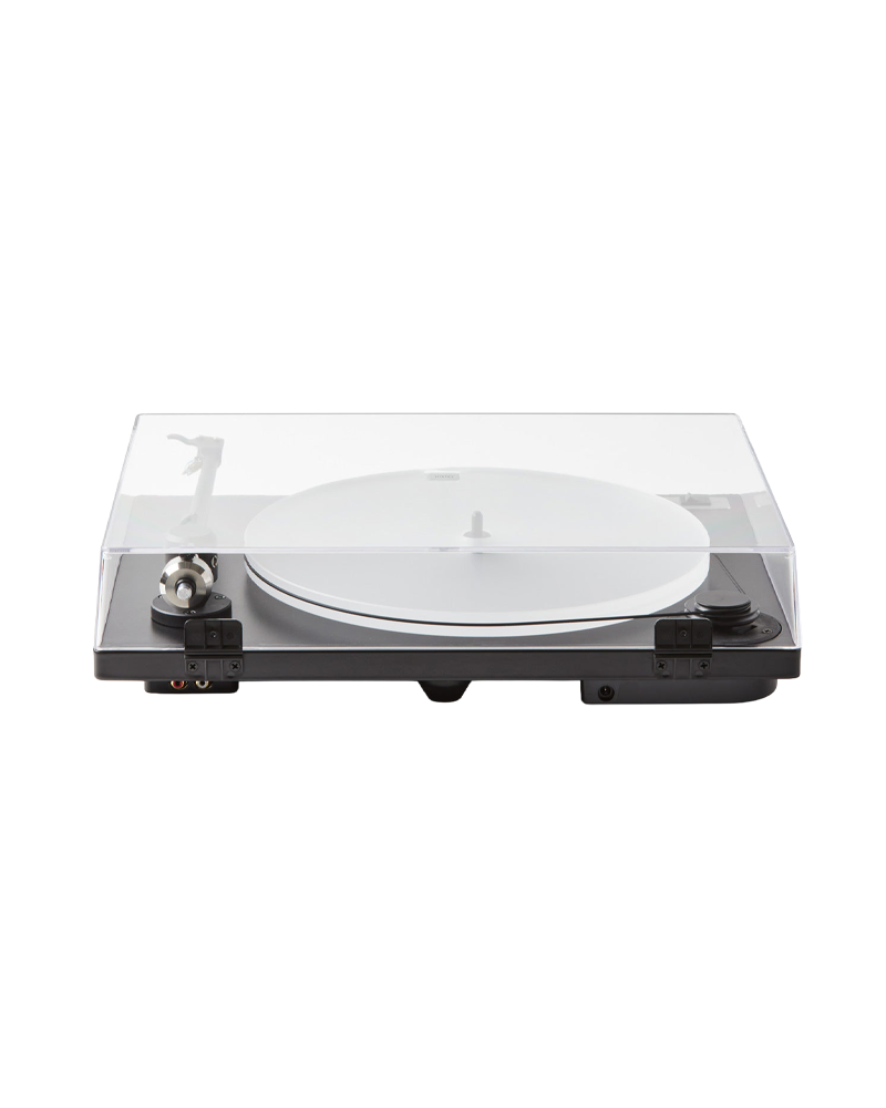 A modern turntable with a black base, a white plinth, and a clear acrylic dust cover, shown closed from the back against a solid white background.