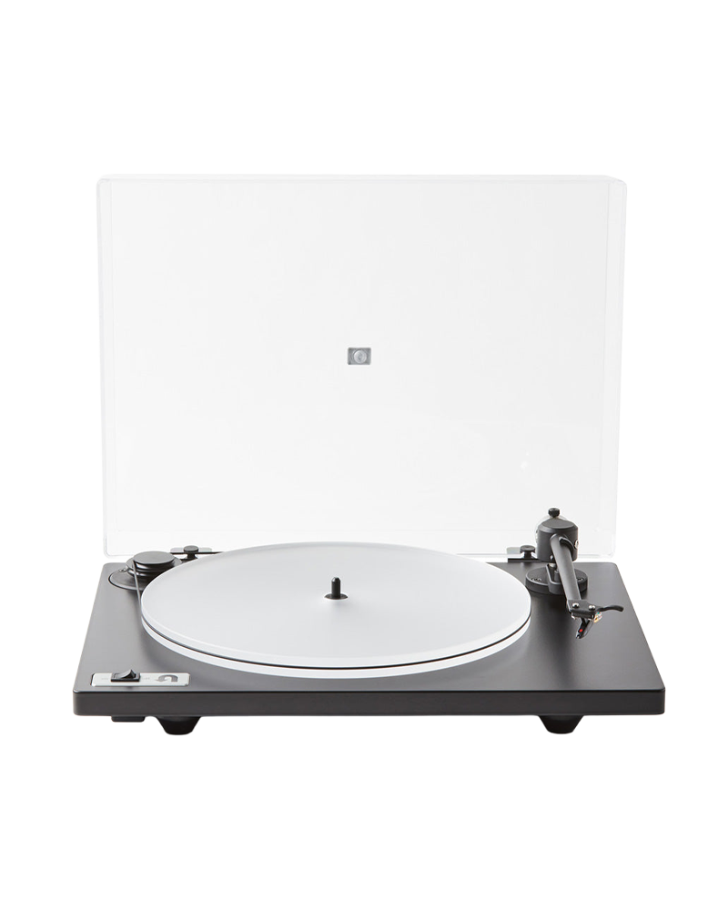 A modern turntable with a black base, a white plinth, and a clear acrylic dust cover, shown open against a solid white background.