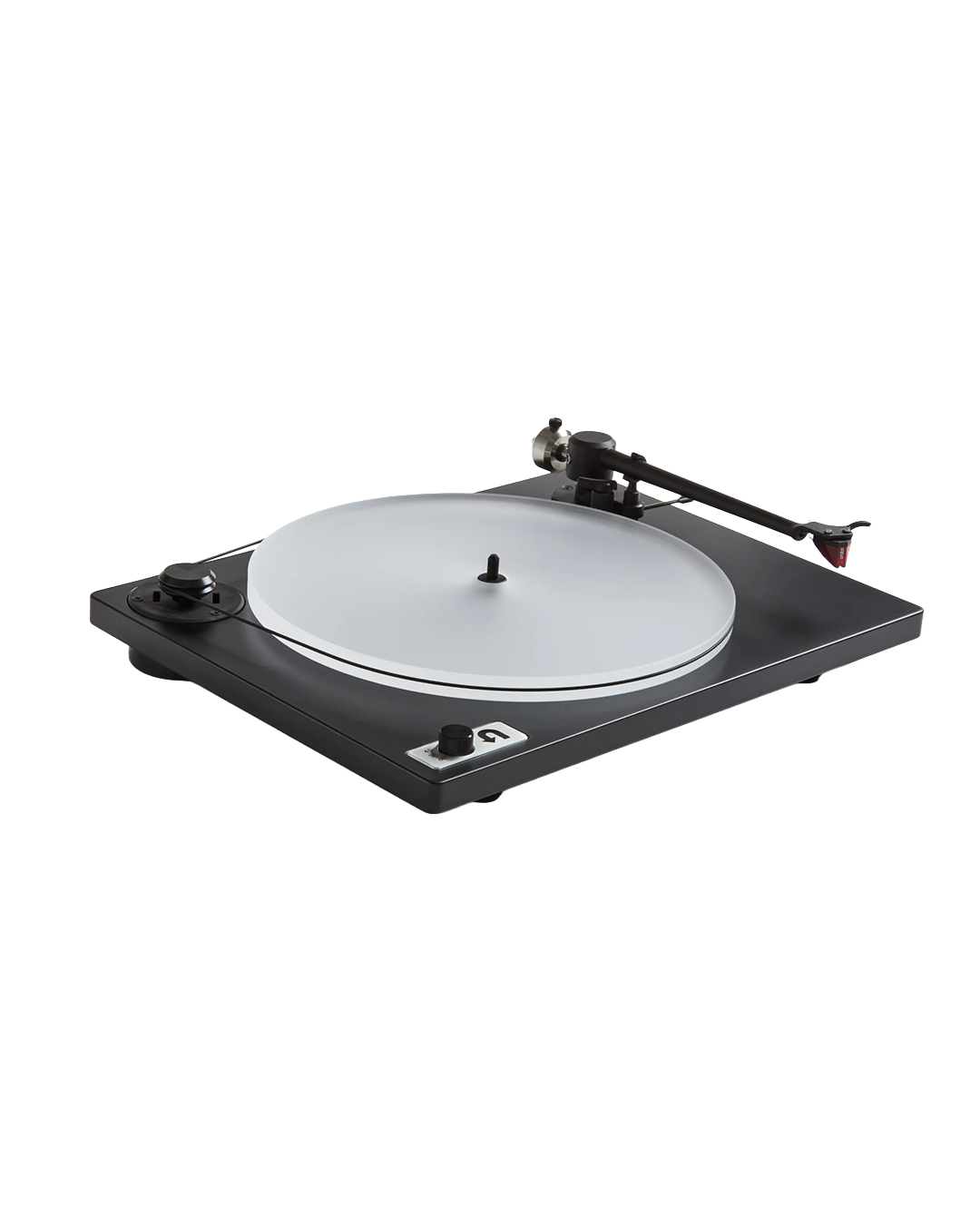 A modern turntable with a black base, and a white plinth, shown against a solid white background.