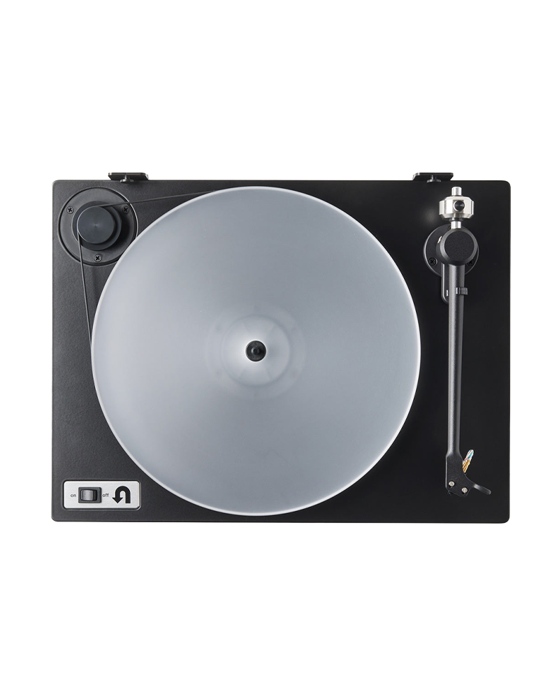 A top-down view of a black turntable with a translucent platter, featuring a tonearm on the right and control knobs on the left, set against a plain white background.