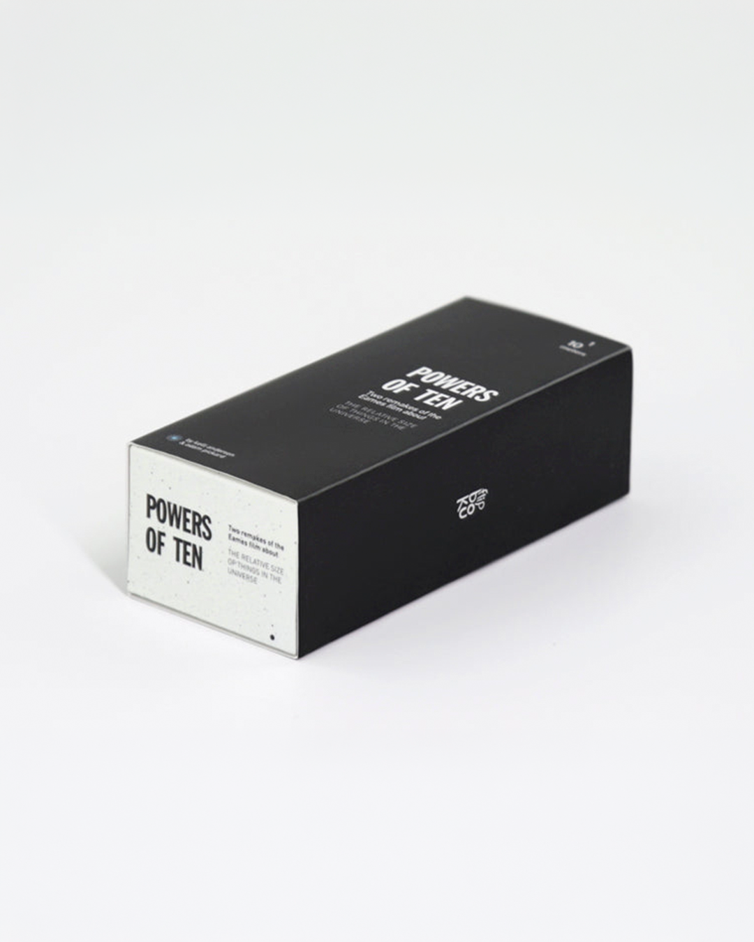 A black rectangular product box with white text reading 'POWERS OF TEN' on the top and side, photographed on a clean white studio background.