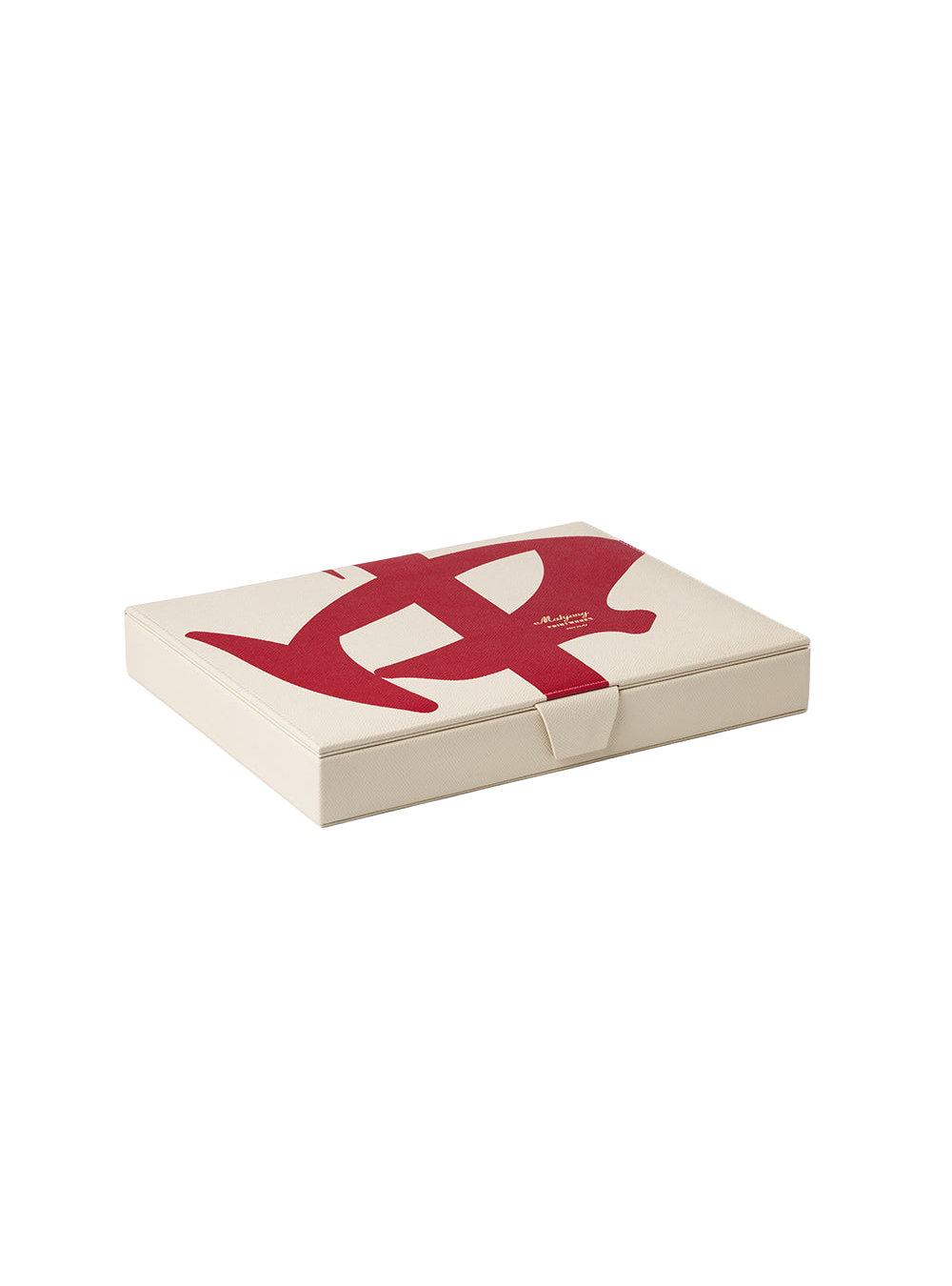 A cream-colored rectangular gift box with a bold red stylized graphic on the lid and a matching red tie closure, shown on a plain white background.