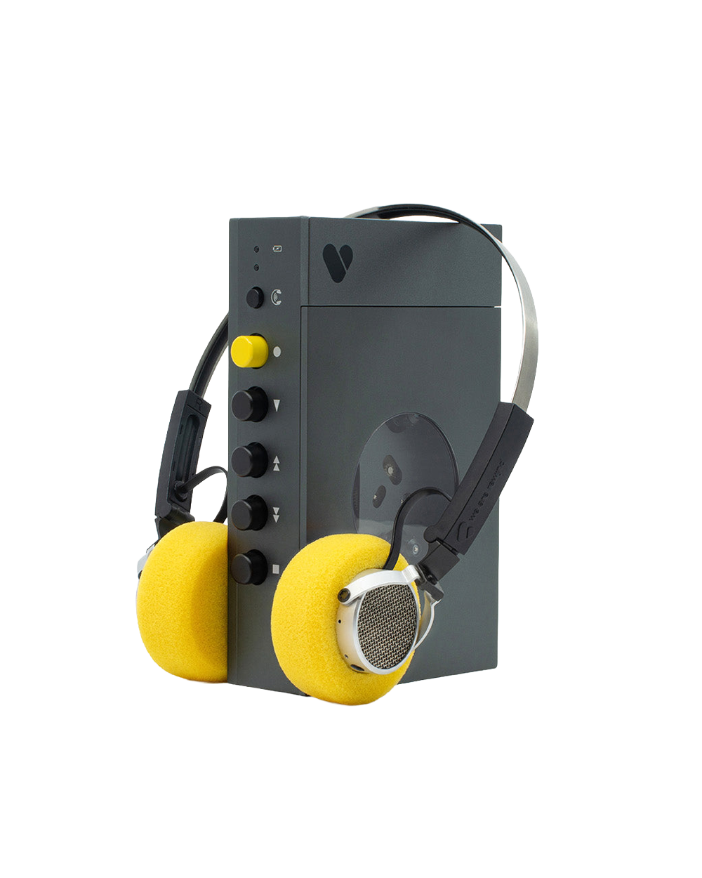 black retro cassette player with yellow headphones