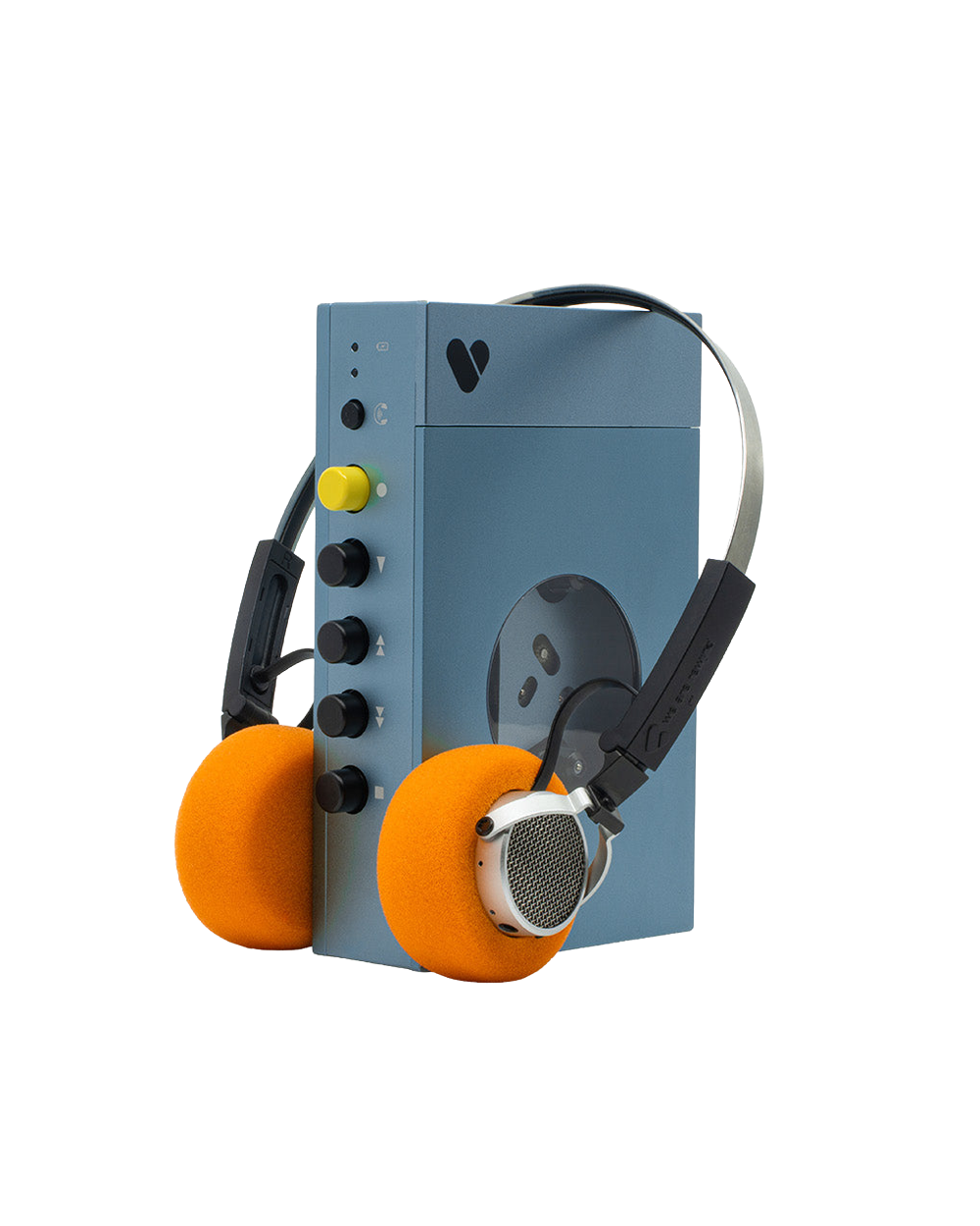blue retro cassette player with orange headphones
