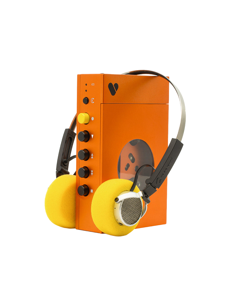 orange retro cassette player with yellow headphones