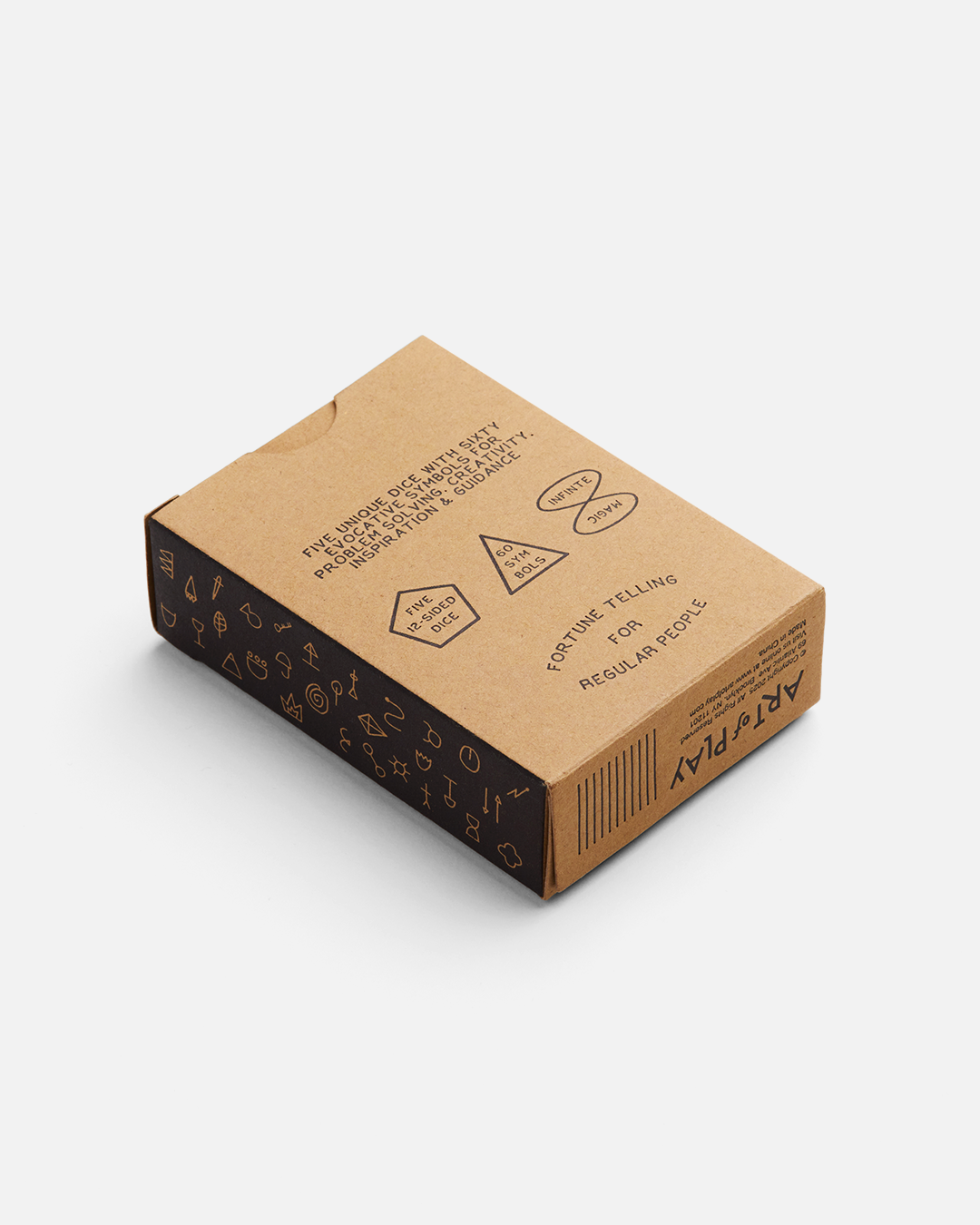 Brown cardboard box with text and graphics on a white background