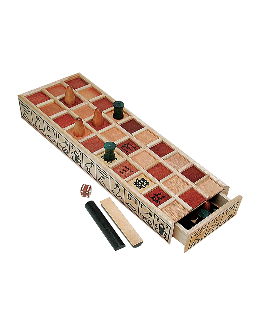 Wooden board game set with pieces and dice on a white background