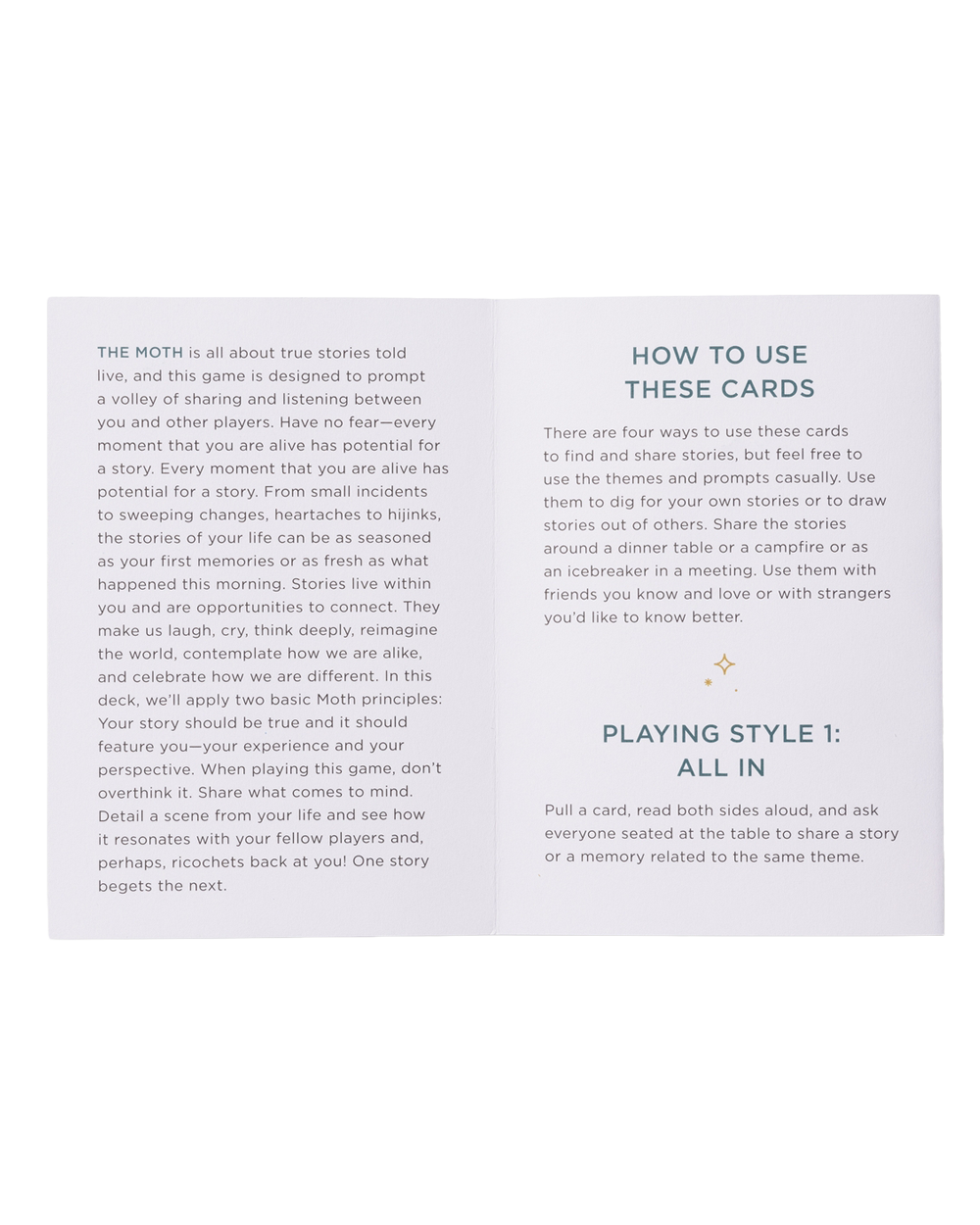 An informational card or insert with printed text on a white background, showing instructions and examples for using cards in a discussion or game setting.