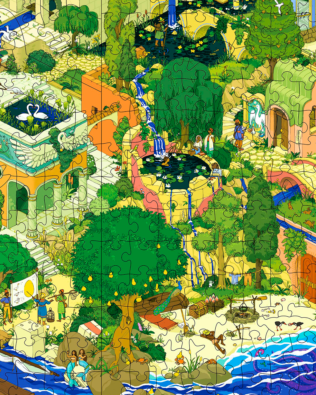 a colorful puzzle with the image of a beautiful landscape. A lot of trees, people, animals and the ocean
