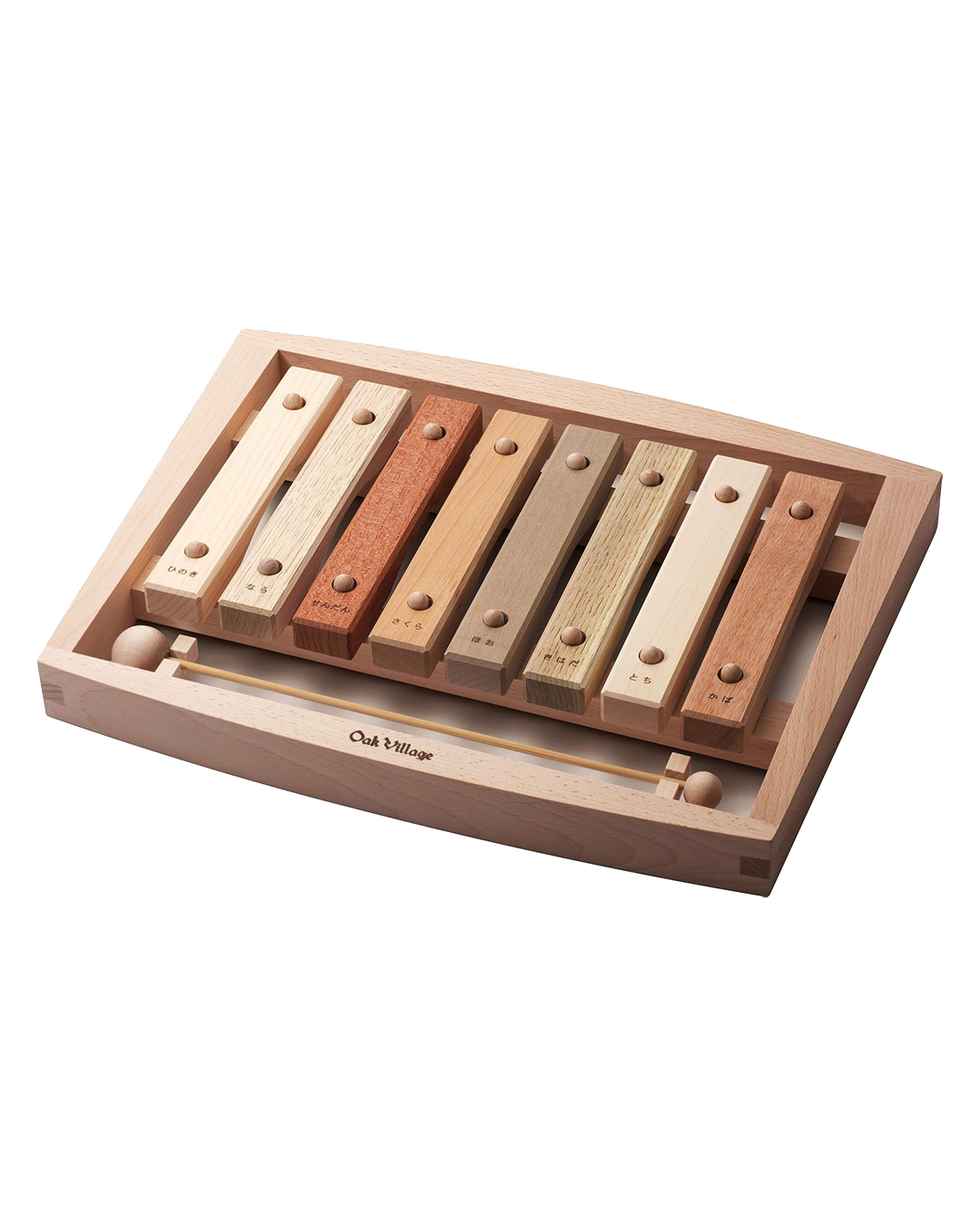 Wooden xylophone toy with five keys on a white background