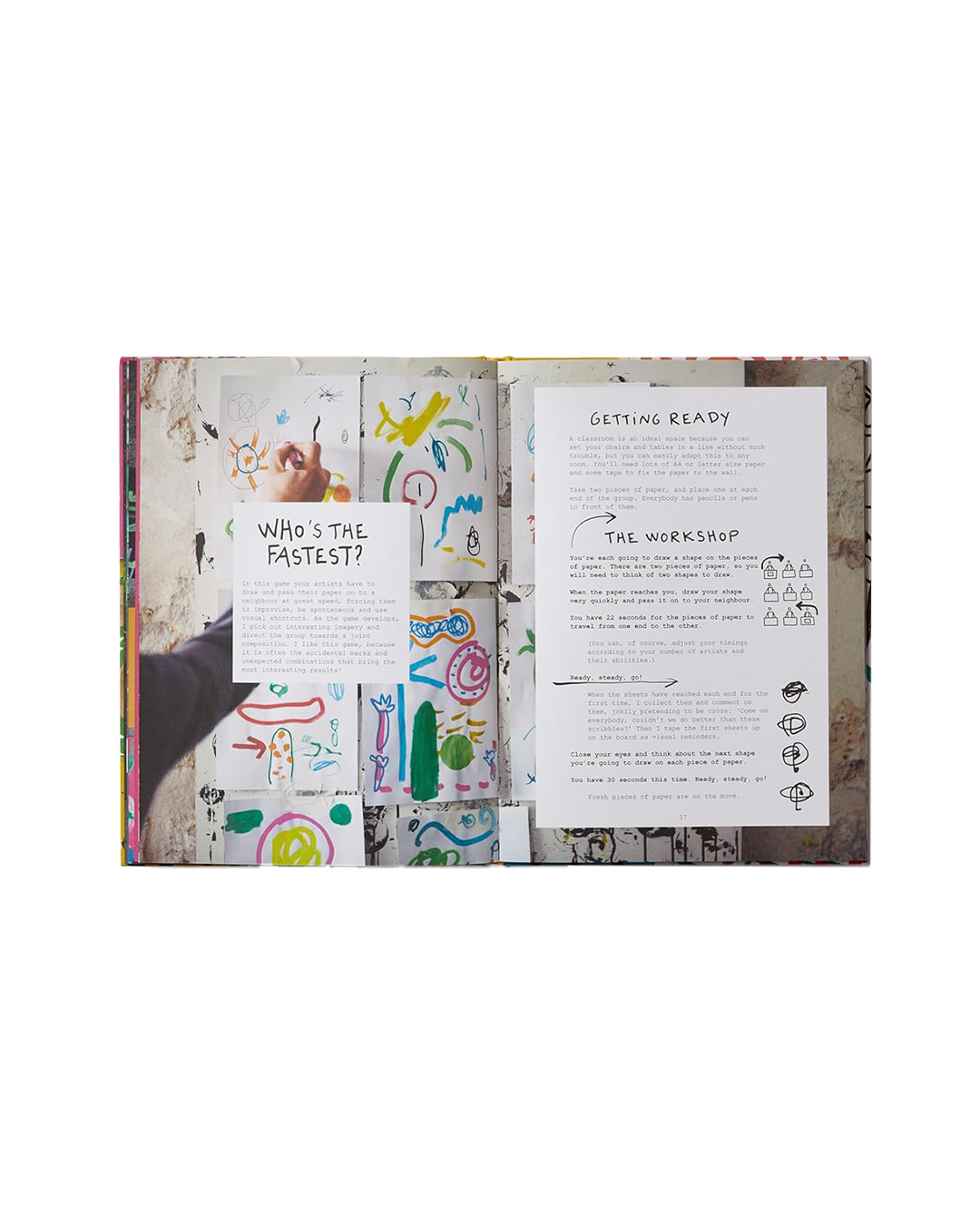 Open book with colorful illustrations and text on a white background