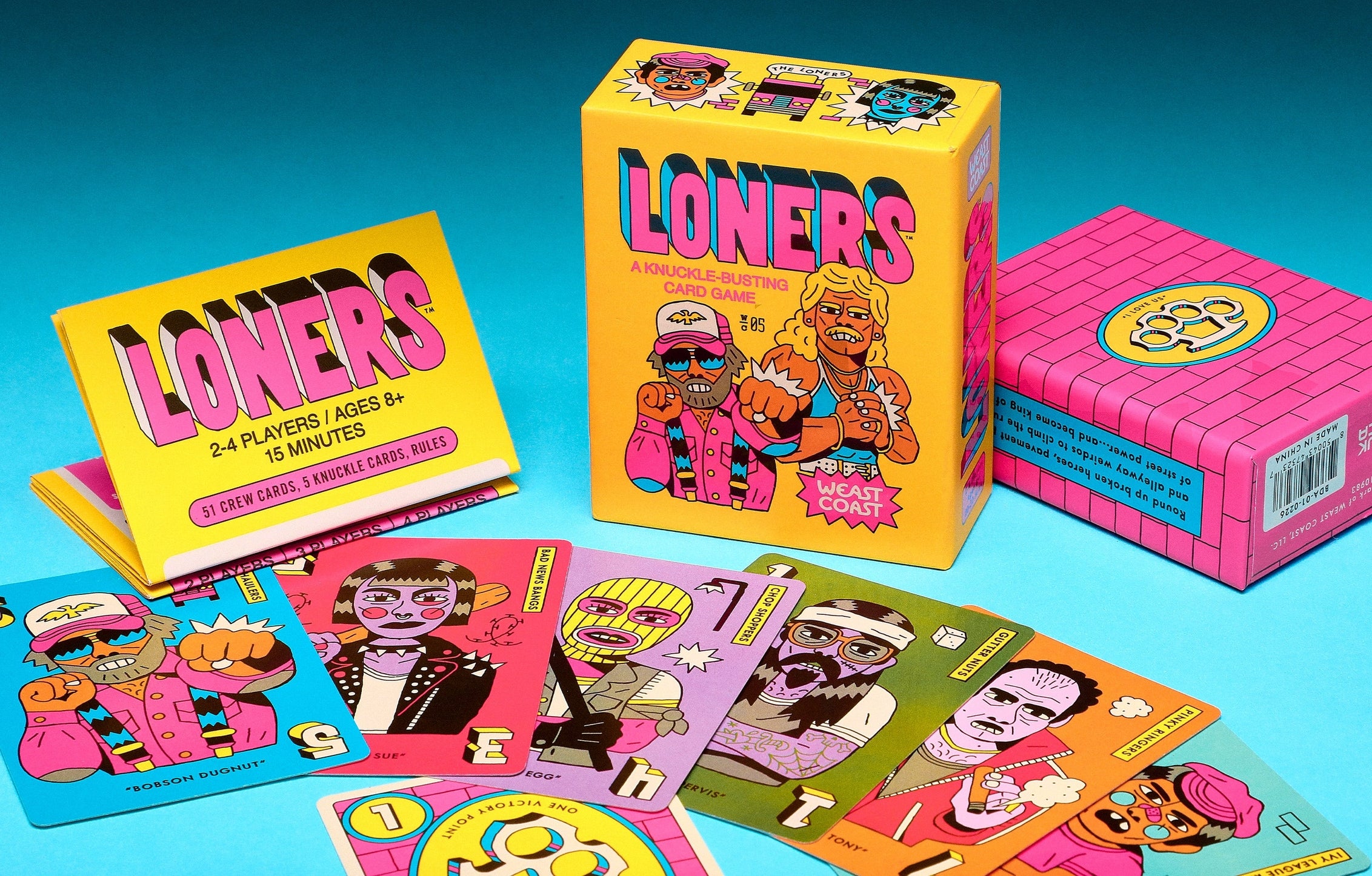 Colorful 'Loners' board game packaging with character illustrations on a blue background