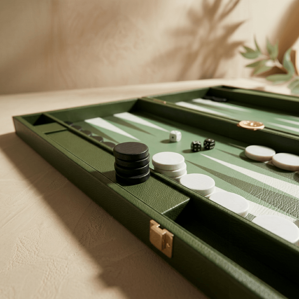 Backgammon set with pieces and dice on a green board