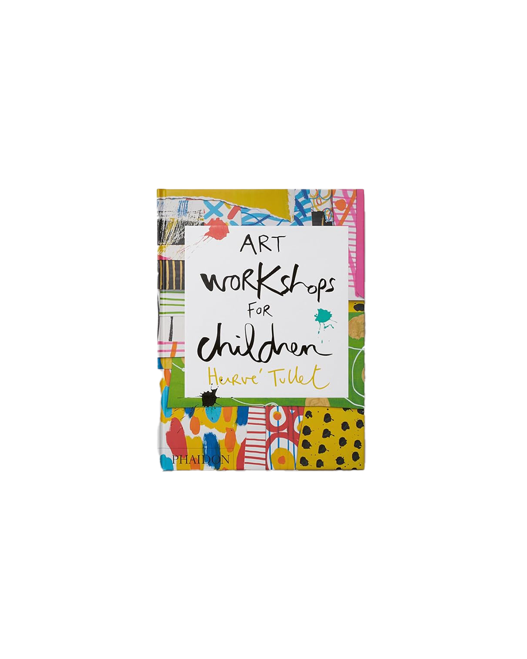 Notebook with colorful cover and text 'Art workshops for children' on a white background