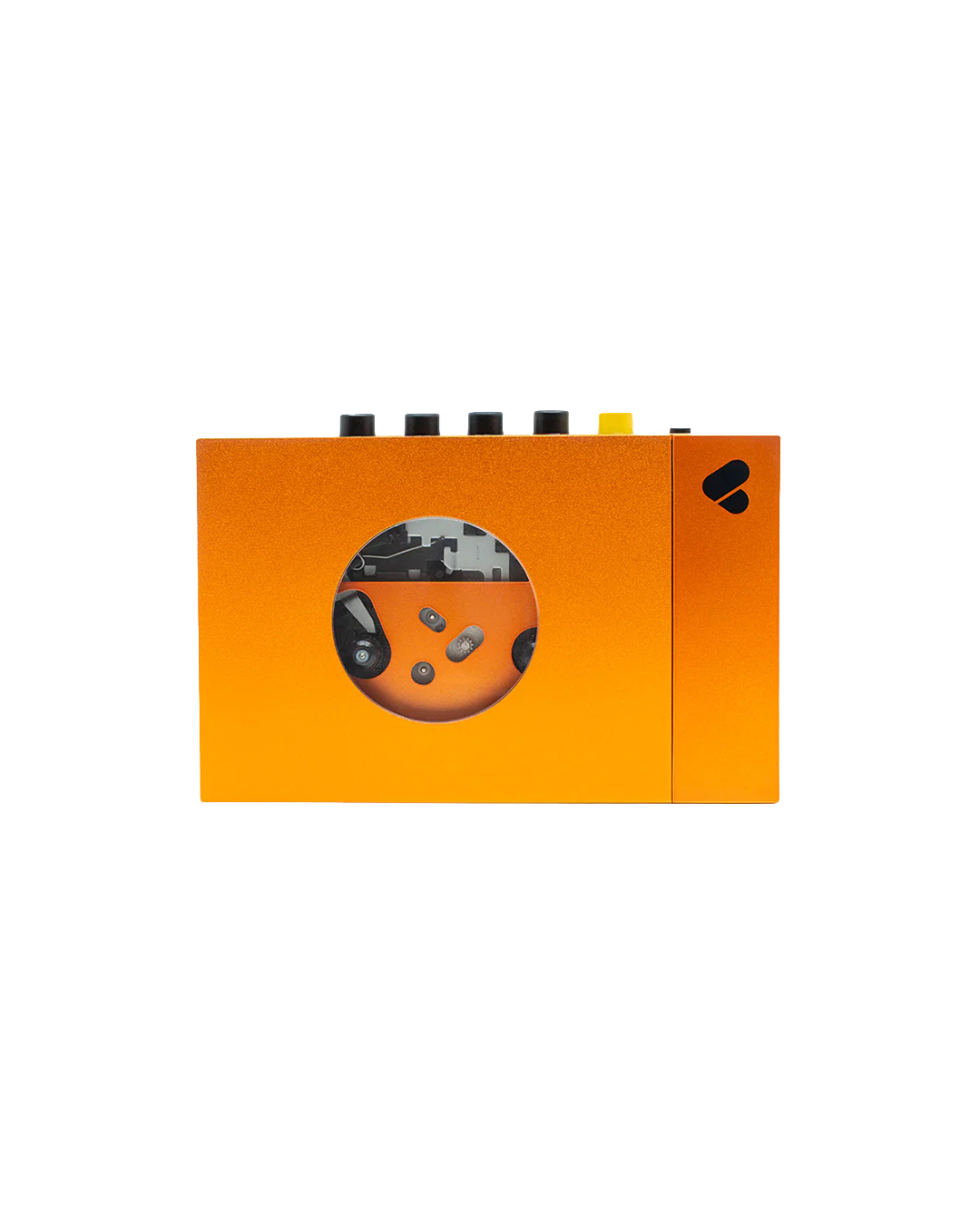 Orange electronic device with circular display and control buttons on a white background