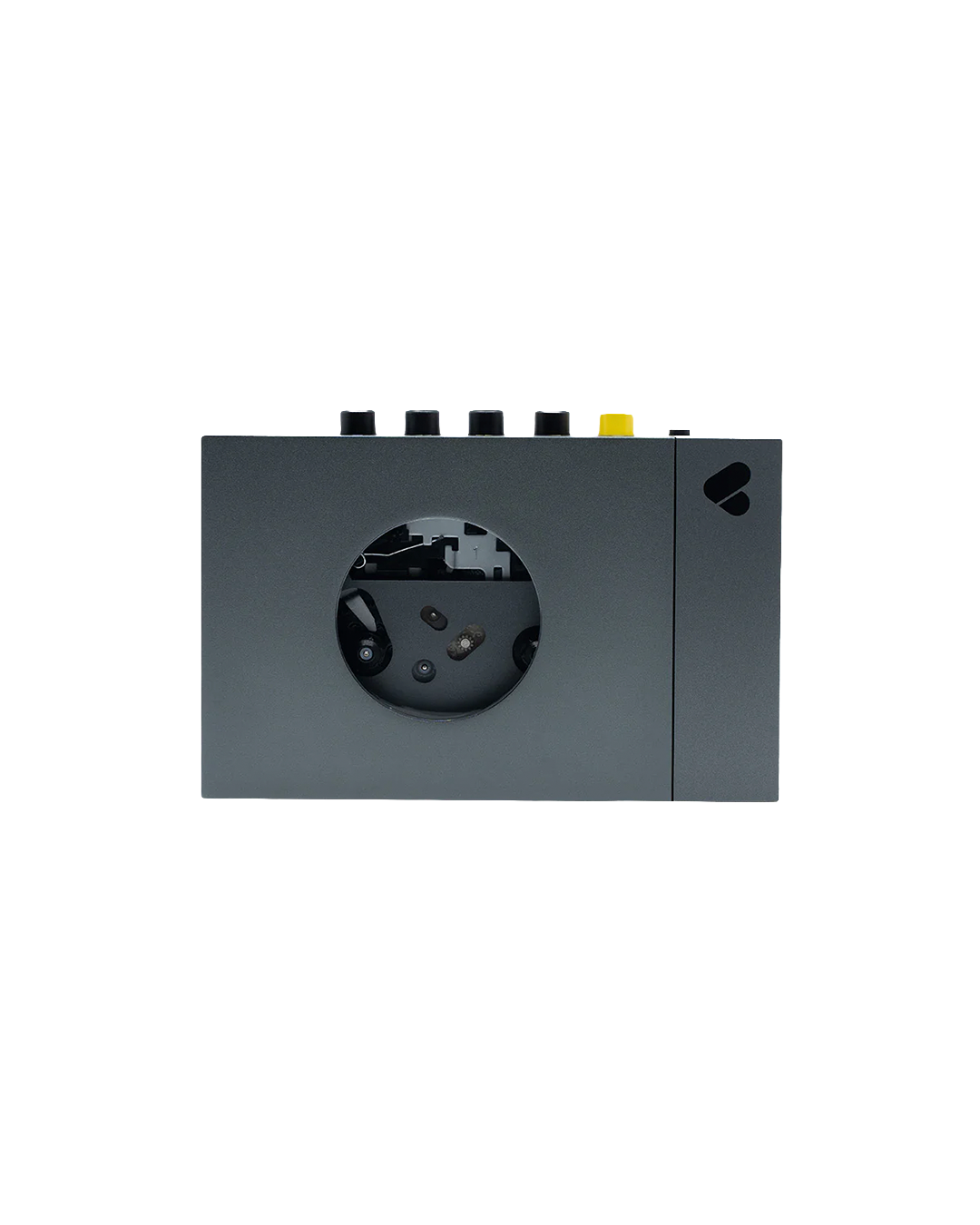 Black electronic device with circular component on a white background