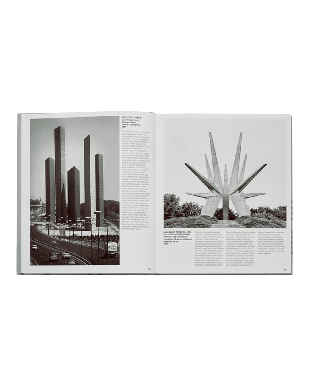 An open architectural book or magazine spread showing two black-and-white photographs with columns of text. The left page features tall modern skyscrapers, and the right page shows a large abstract monument or sculpture in a landscaped setting.