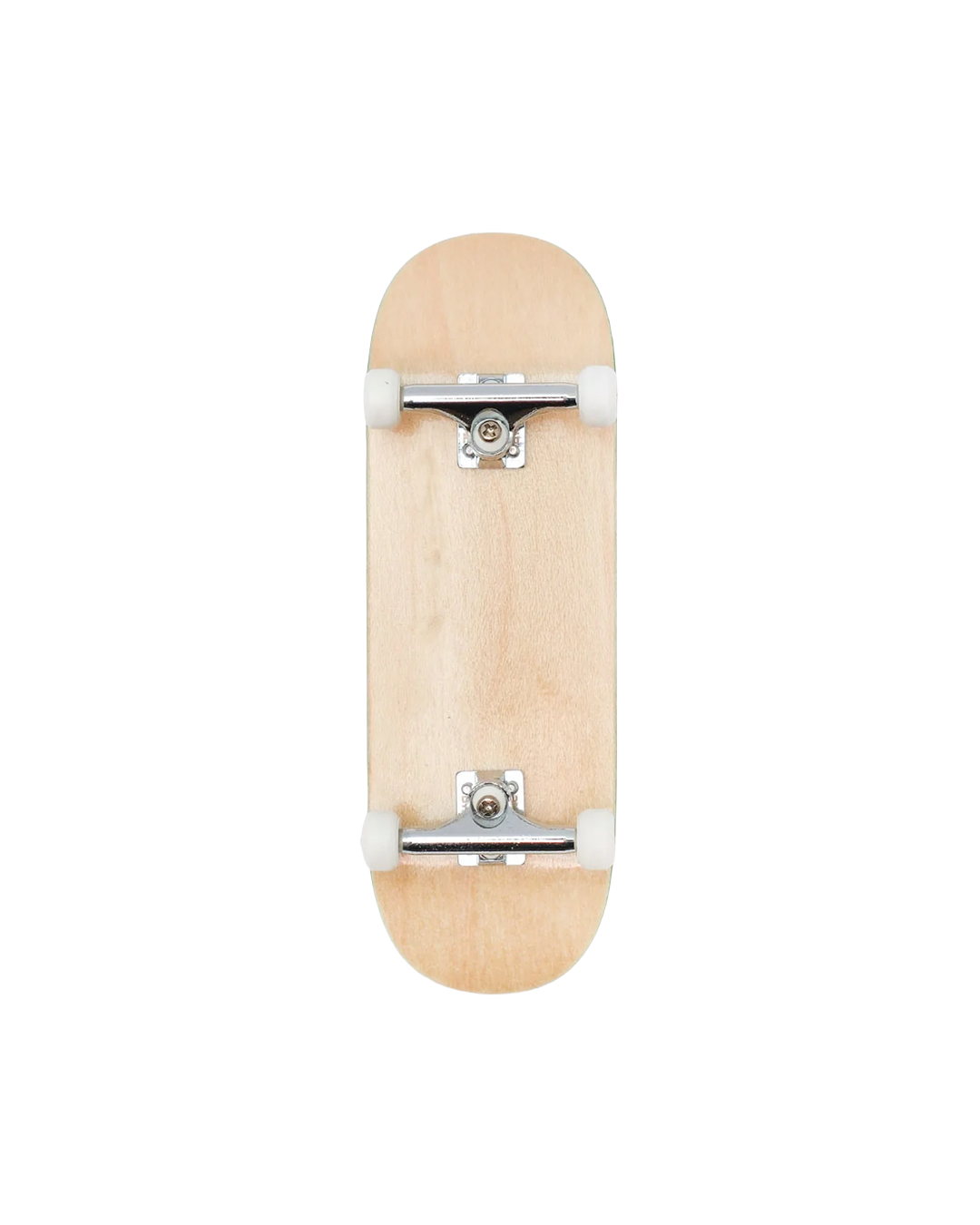 A miniature finger skateboard with a light natural wood grip, white wheels, and silver metal trucks, shown from the underside against a solid white background.