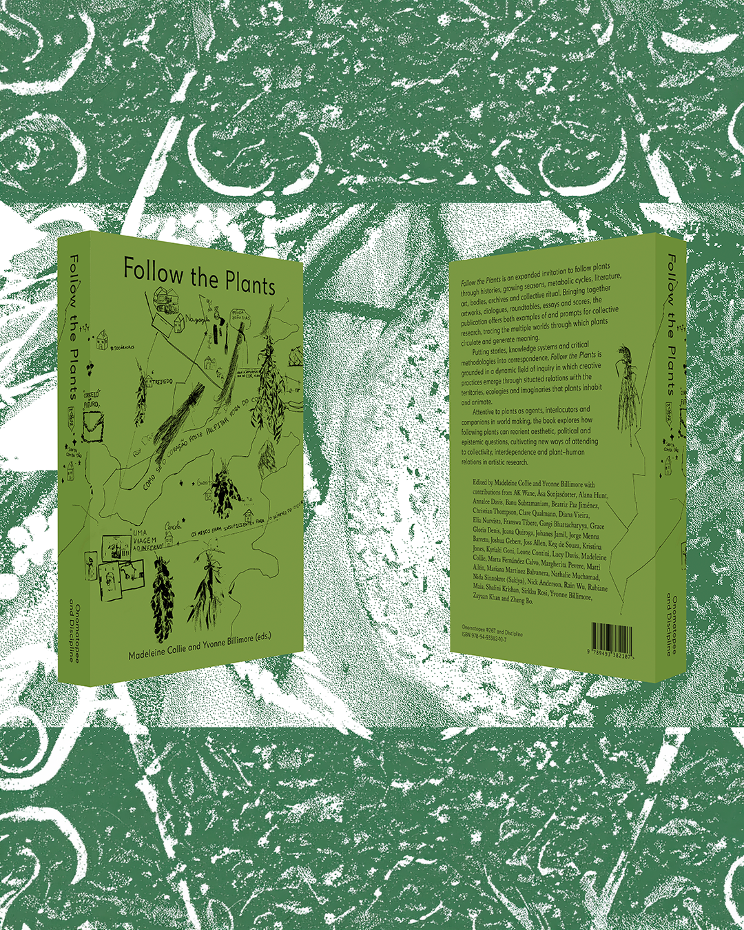 A book cover design shown from the front and back, titled "Follow the Plants," with a light olive green background and black line drawings and text. The book is overlaid on a green-and-white abstract patterned background.